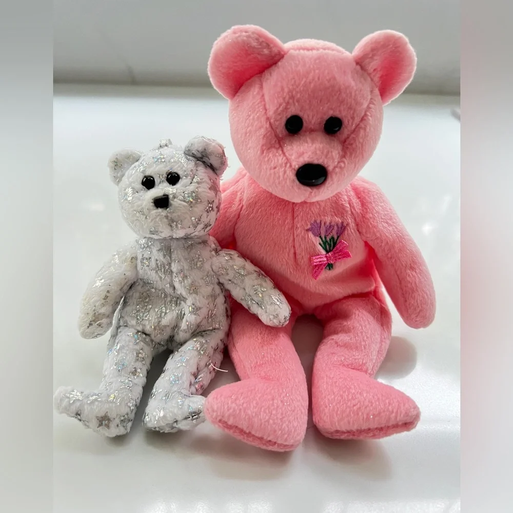 TY Beanie Mum pink bear 2001 and bell silver white Beginning baby 2000 set of 2